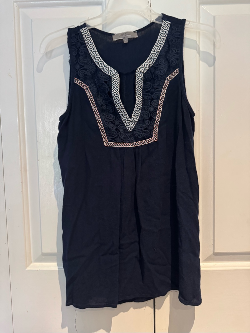 Embroidered Navy Sleeveless V-Neck Tank Top